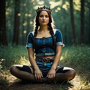 Young Woman in Denim and Crown in Forest