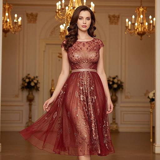 Elegant Burgundy Embroidered Tulle Dress with Gold Floral Detailing