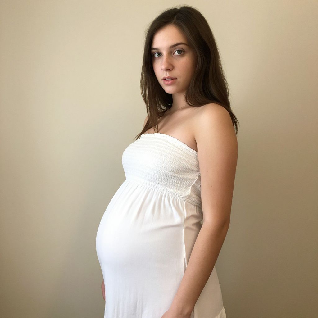 Pregnant Woman in White Strapless Dress Standing Against Beige Background