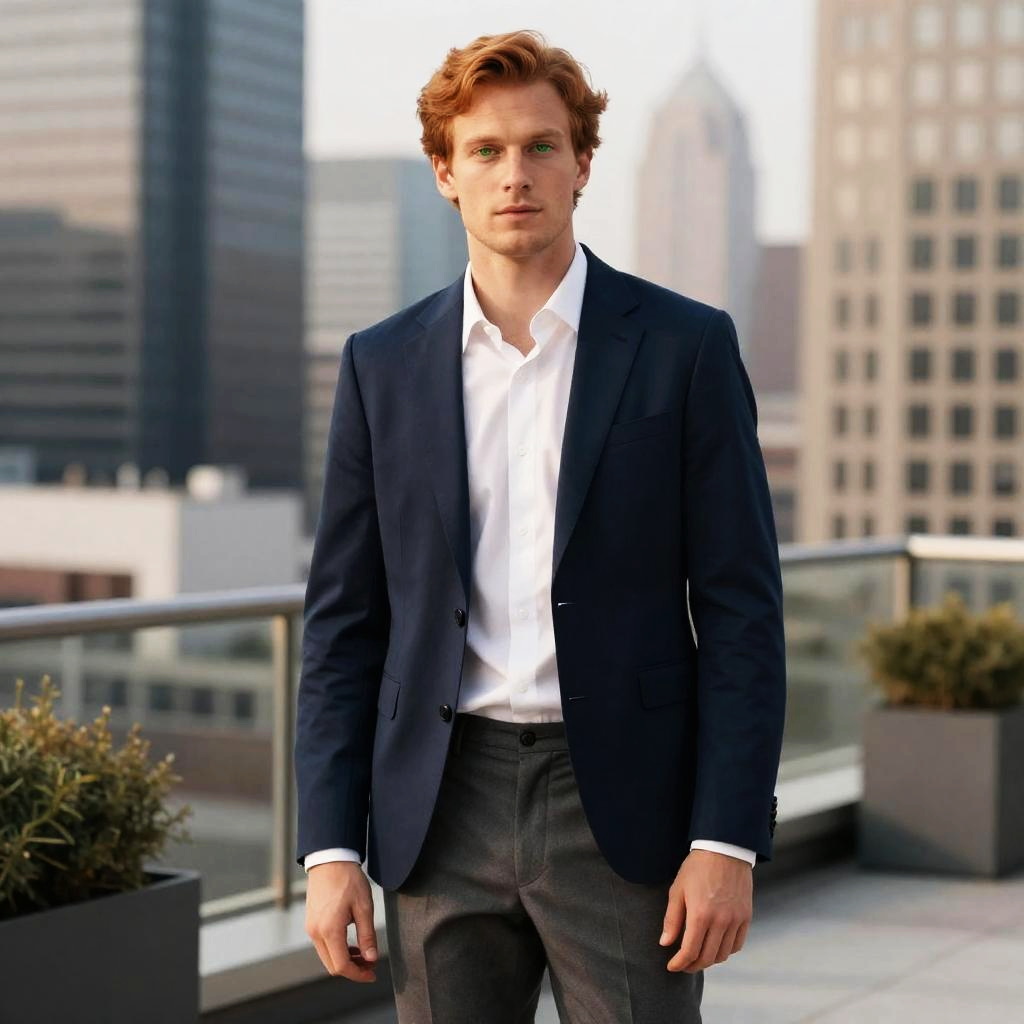 Young Man in Navy Blazer on City Rooftop Urban Professional Portrait