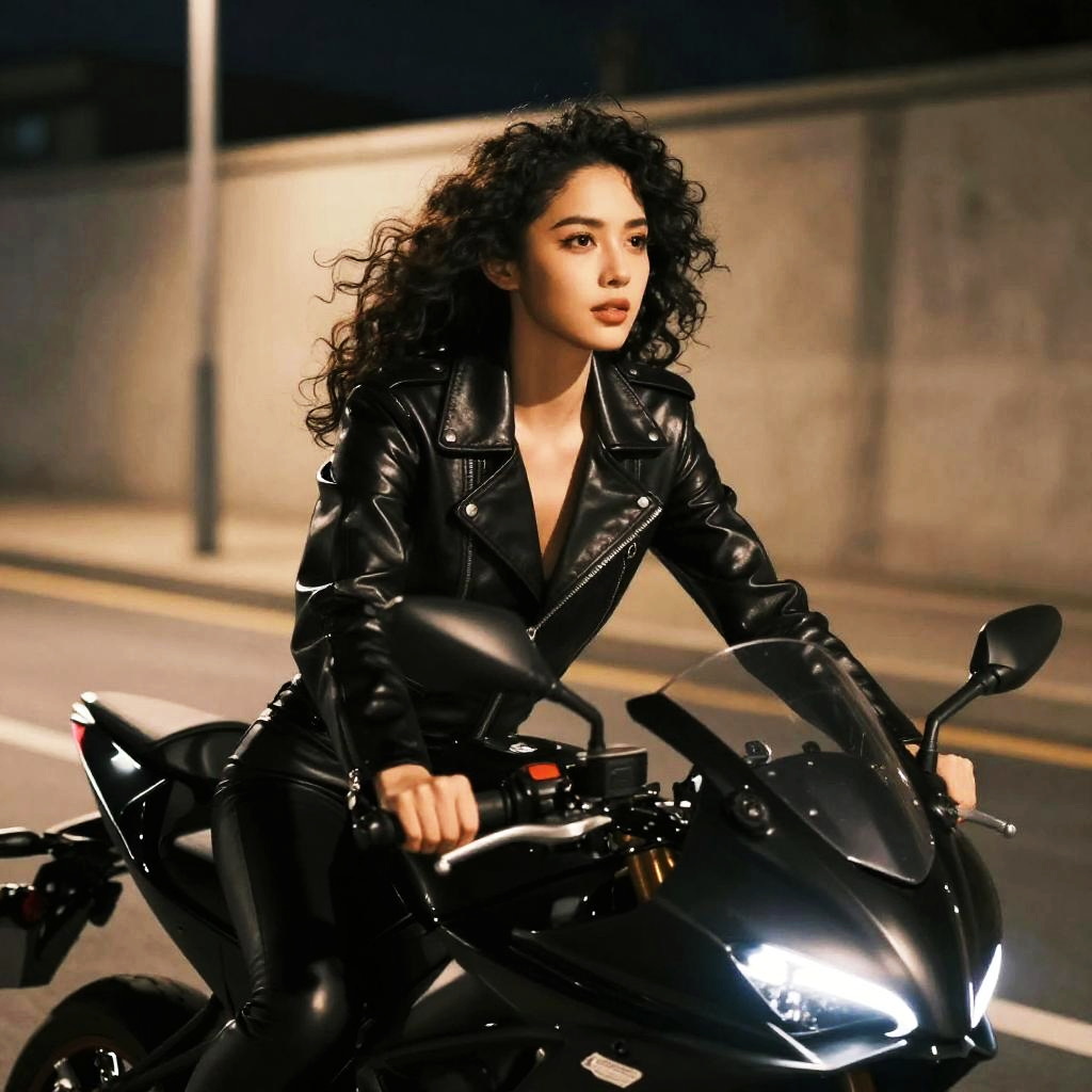 Woman Riding Black Sport Motorcycle at Night in Leather Jacket