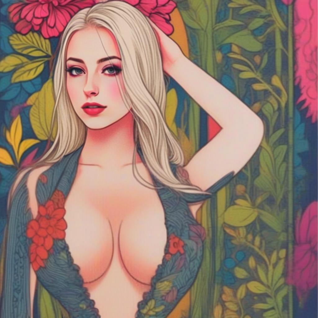 Vibrant woman with flowers in botanical background