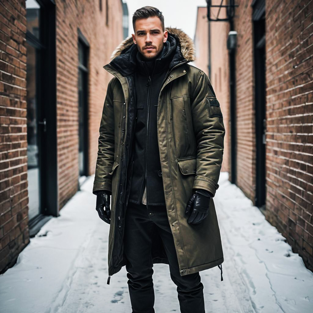 Stylish Man in Olive Green Parka in Snowy Alley