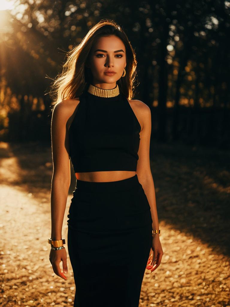 Chic Woman in Black Sleeveless Mock Neck Crop Top and Skirt Two-Piece Ensemble