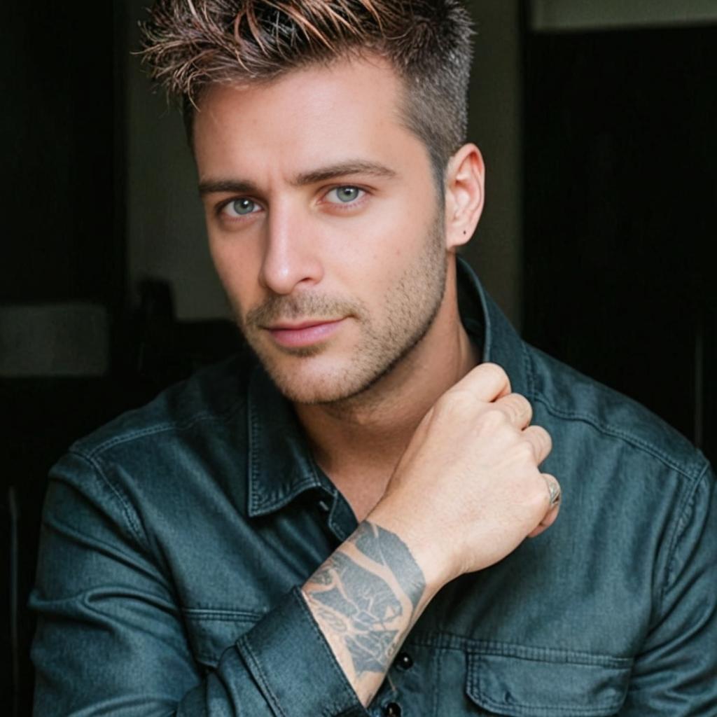 Stylish man with modern hairstyle in trendy denim shirt and artistic tattoo