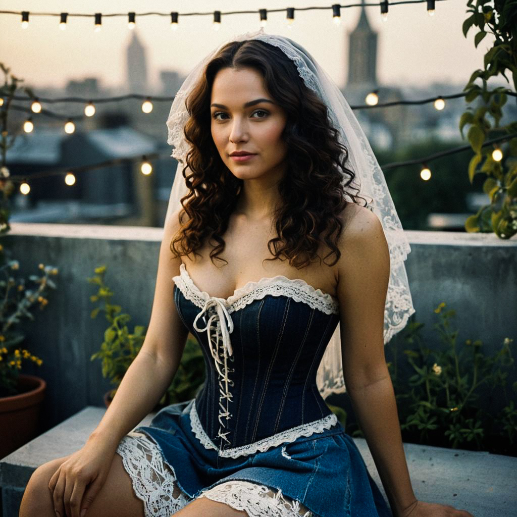 Young Woman in Denim Corset Dress at Dusk Young Woman in Denim Corset Dress at Dusk