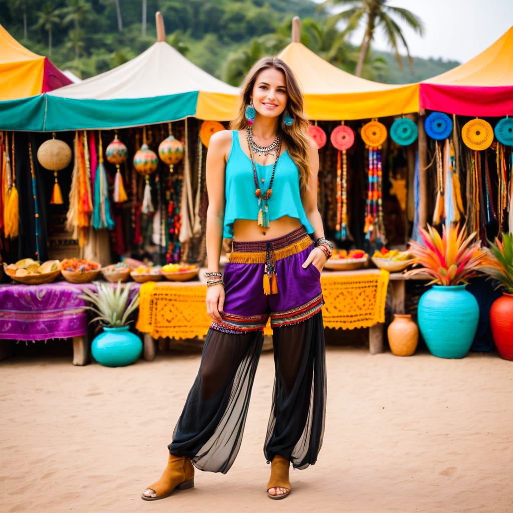 Stylish Woman in Vibrant Bohemian Fashion at Market