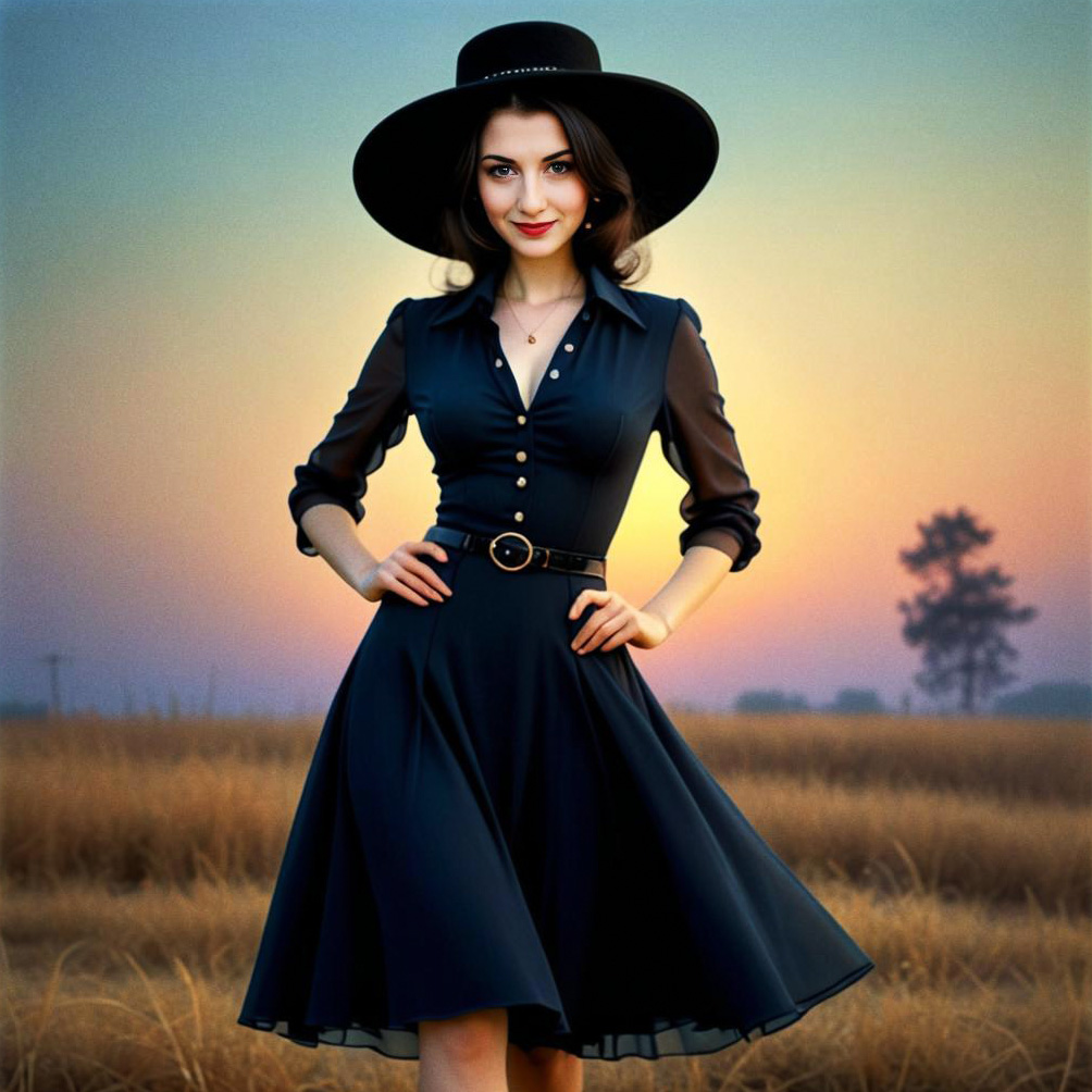 Woman in Black Dress at Sunset in Golden Field