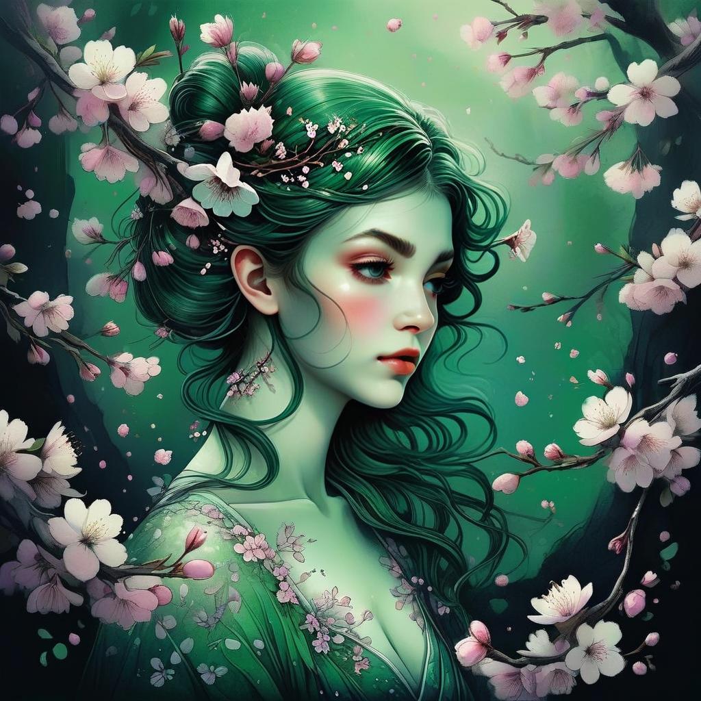 Digital Portrait of Woman with Green Hair and Cherry Blossoms Digital Portrait of Woman with Green Hair and Cherry Blossoms