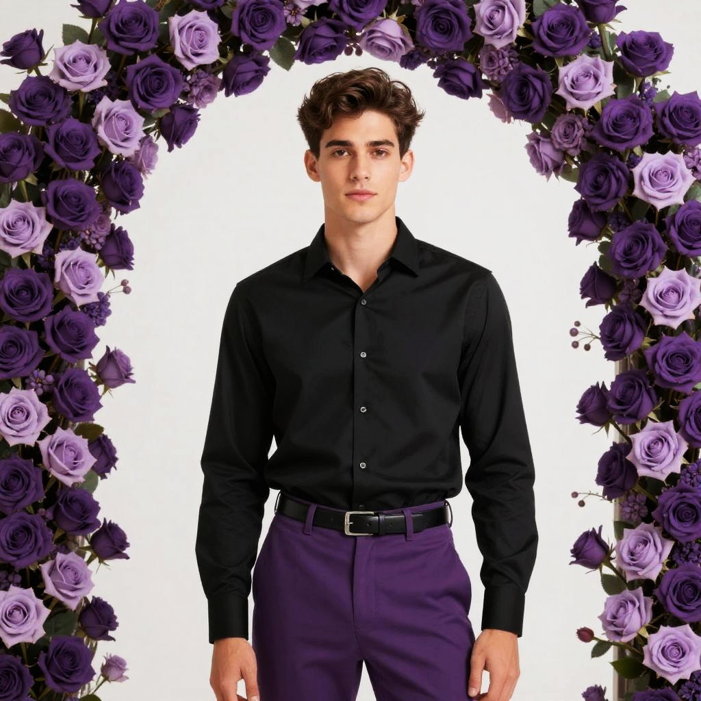 Young Man in Black Shirt and Purple Pants with Floral Arch Background