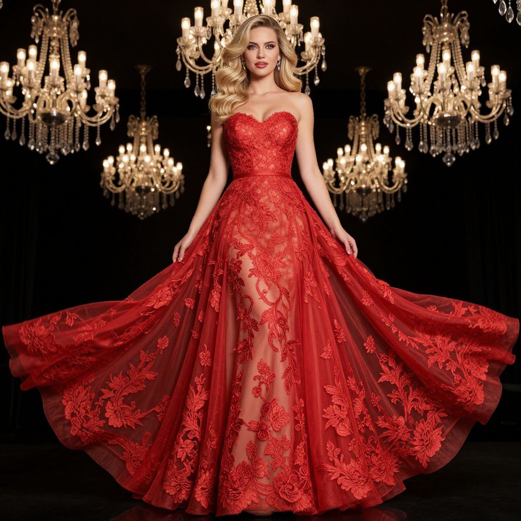 Elegant Woman in Red Lace Ball Gown with Crystal Chandeliers