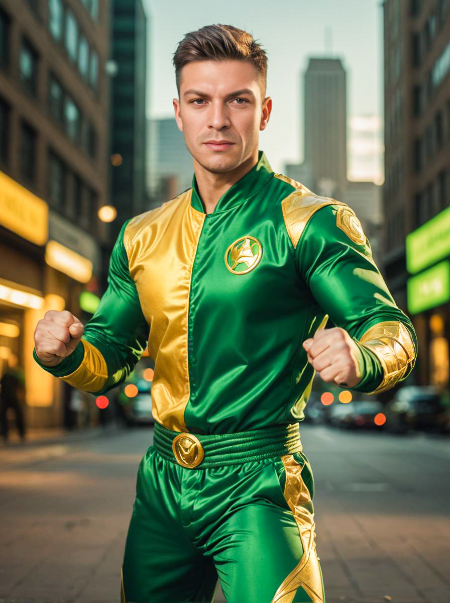 Muscular Superhero in Green and Gold Costume