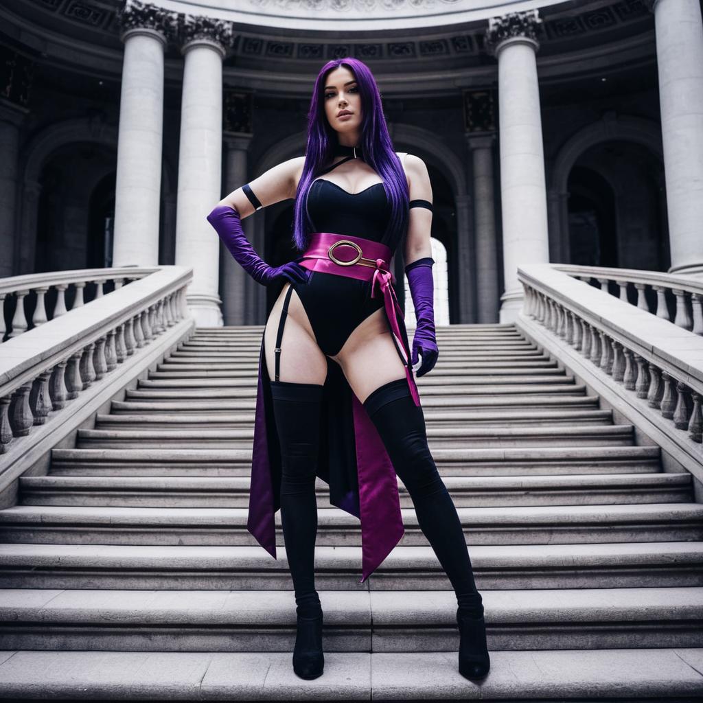 Woman in Purple and Black Cosplay Costume on Stone Steps