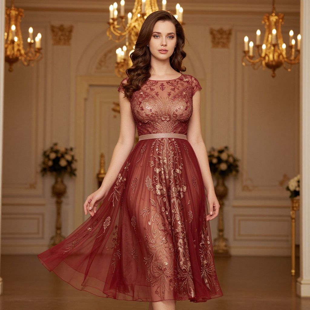 Elegant Burgundy Embroidered Tulle Dress with Gold Floral Detailing
