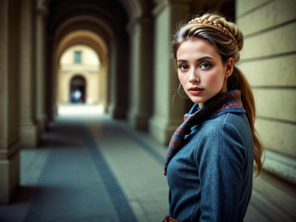 Elegant Woman in Stylish Coat in Arched Corridor