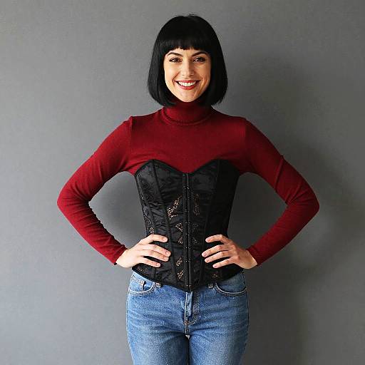 Smiling Woman Wearing Black Corset Over Burgundy Turtleneck and Blue Jeans