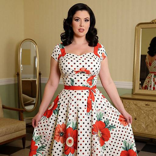 Vintage 1950s Polka Dot and Floral Dress on Woman Indoors