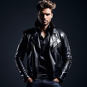 Confident Young Man in Black Leather Jacket