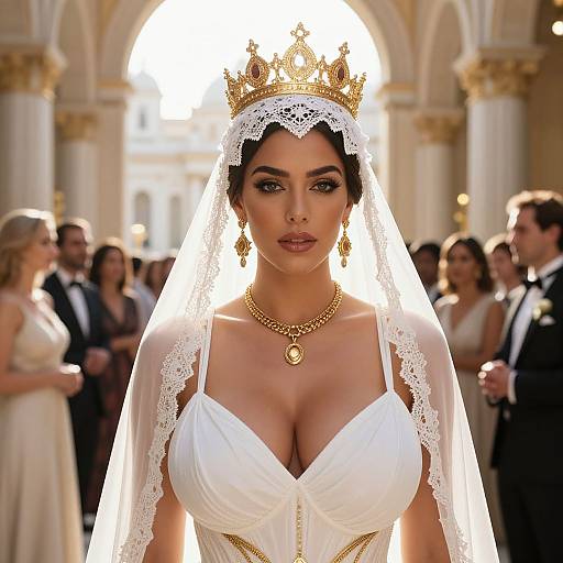 Elegant Bride Wearing Golden Crown and Lace Veil in Cathedral