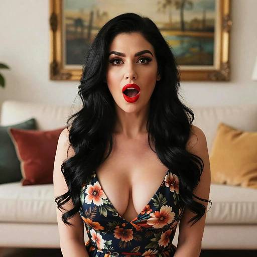 Woman in Floral Dress with Red Lipstick Expressing Surprise Indoors