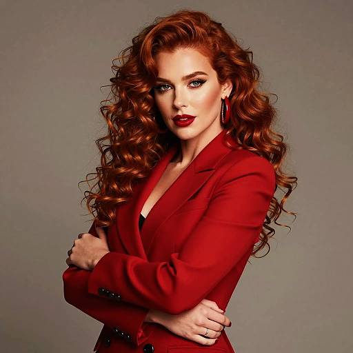 Elegant Woman in Red Blazer with Curly Red Hair