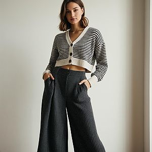 Stylish Woman in Cropped Striped Cardigan and Wide Leg Pants
