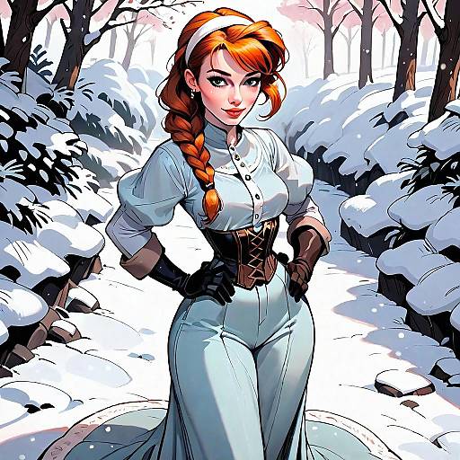 Confident Red-Haired Woman in Vintage Outfit in Snowy Forest Comic Art