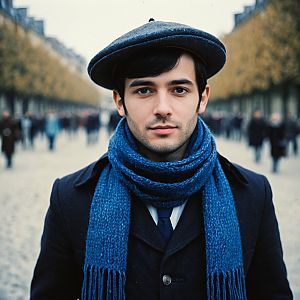 Young Man in Beret and Scarf on City Street