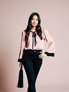 Woman in Contemporary Casual Blush Pink Blouse with Round Neckline and Black High-Waisted Pants