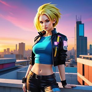 Cyberpunk Style Young Woman on Urban Rooftop Sunset
