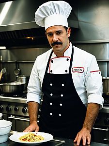 Professional Male Chef in Classic Chef Costume with Spaghetti Dish