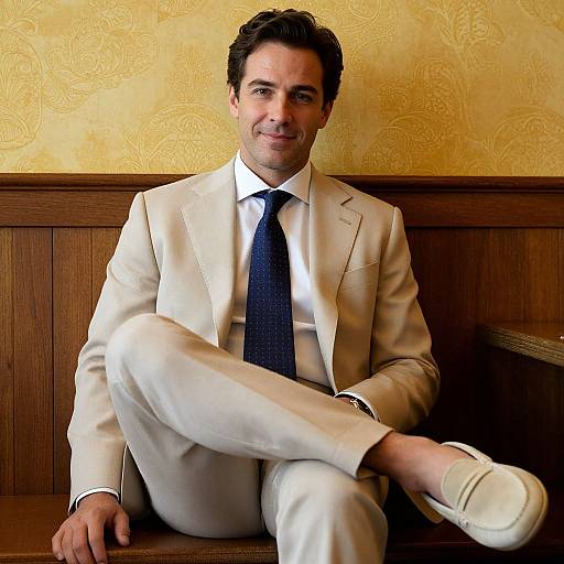 Confident Man in Beige Suit Sitting with Crossed Legs in Classic Interior