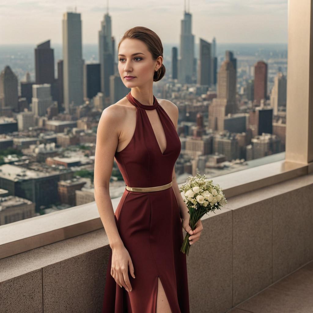 Elegant Woman in Maroon Dress with White Flowers Against City Skyline