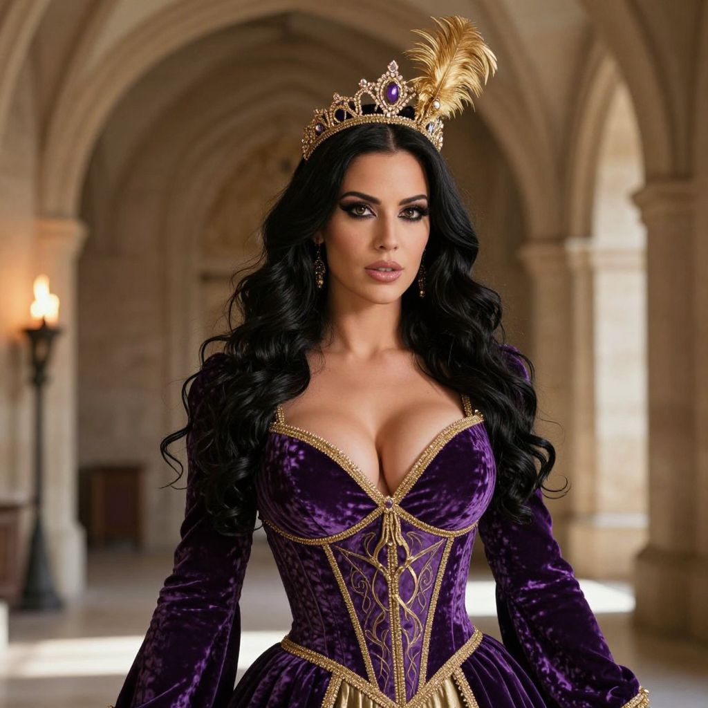 Regal Woman in Purple Velvet Royal Gown and Crown