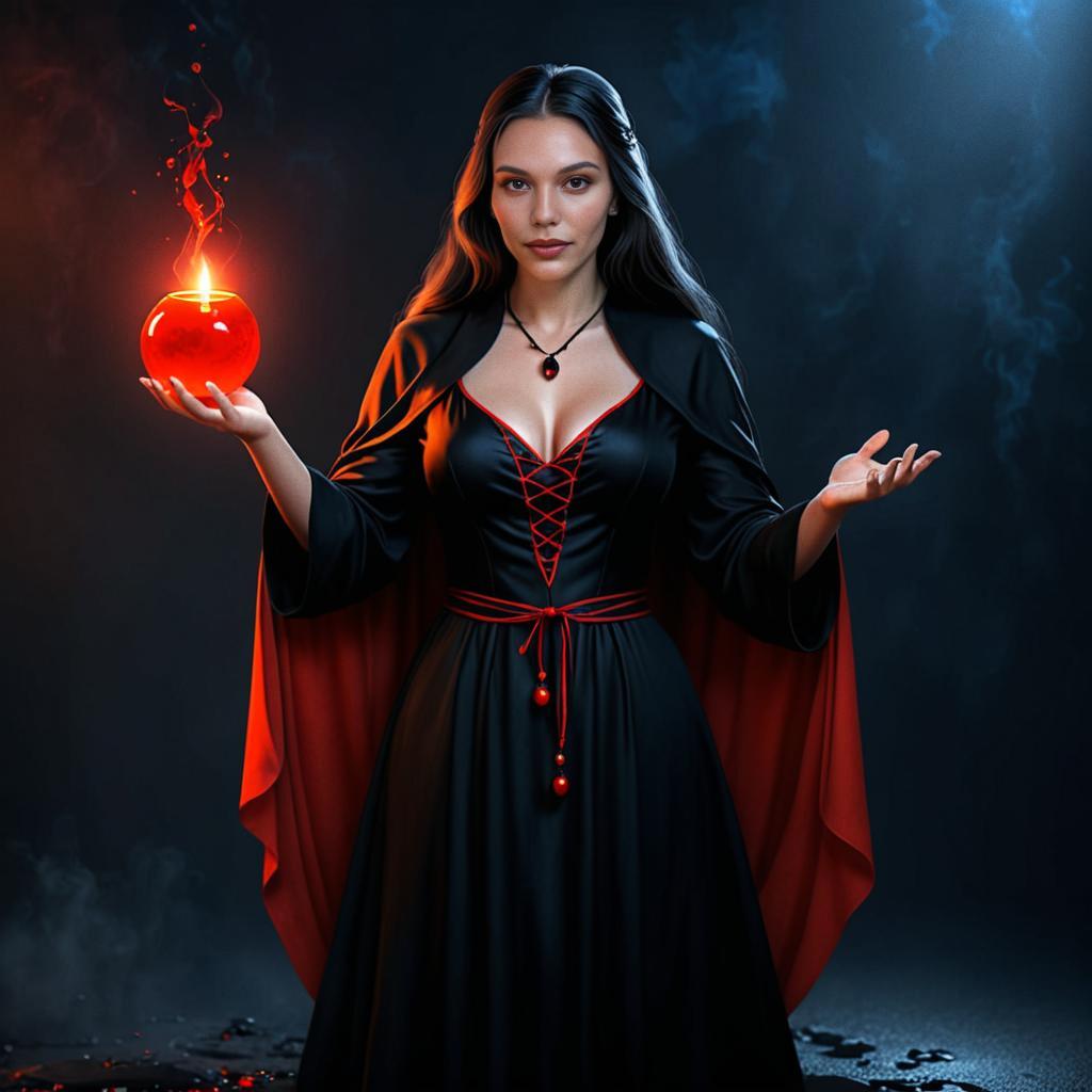 Mysterious Woman in Dark Gown with Red Cape and Glowing Orb