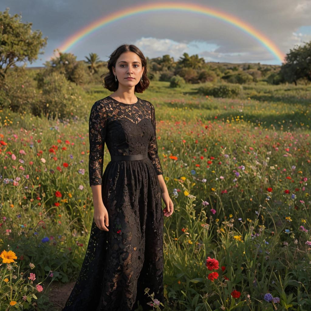 Woman in Black Lace Dress Under Rainbow