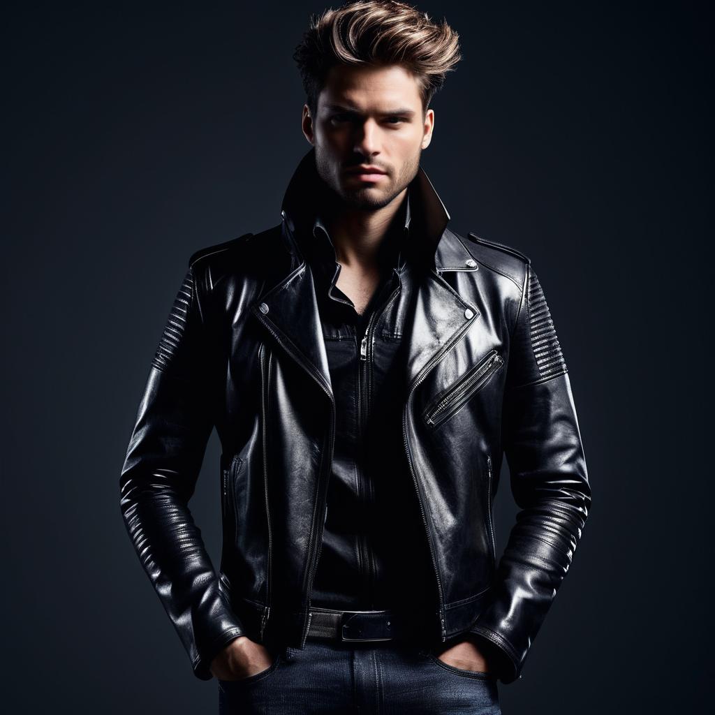 Confident Young Man in Black Leather Jacket Confident Young Man in Black Leather Jacket