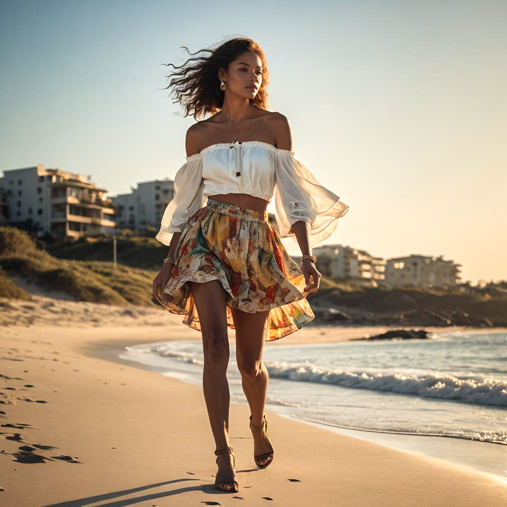 Woman Strolling on Beach at Sunset