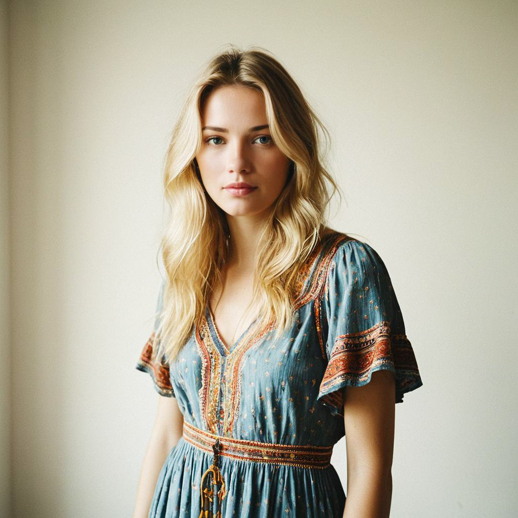 Young Woman in Bohemian Blue Dress Young Woman in Bohemian Blue Dress