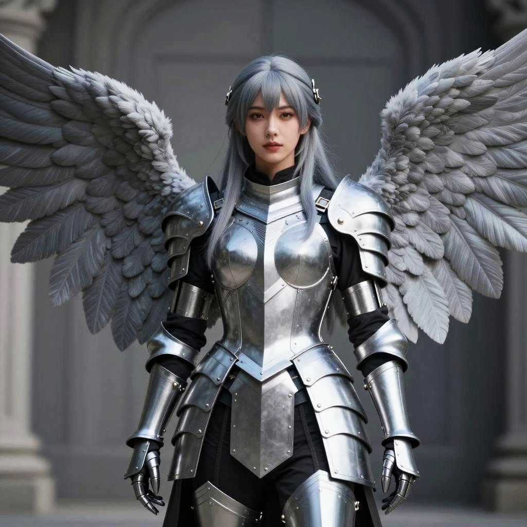 Woman in Silver Armor with Angel Wings Gothic Fantasy Cosplay