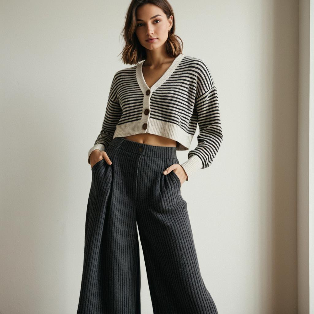 Stylish Woman in Cropped Striped Cardigan and Wide Leg Pants