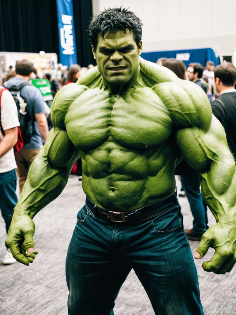 Man in Hulk Costume Candid Photo at Comic Convention Natural Daylight