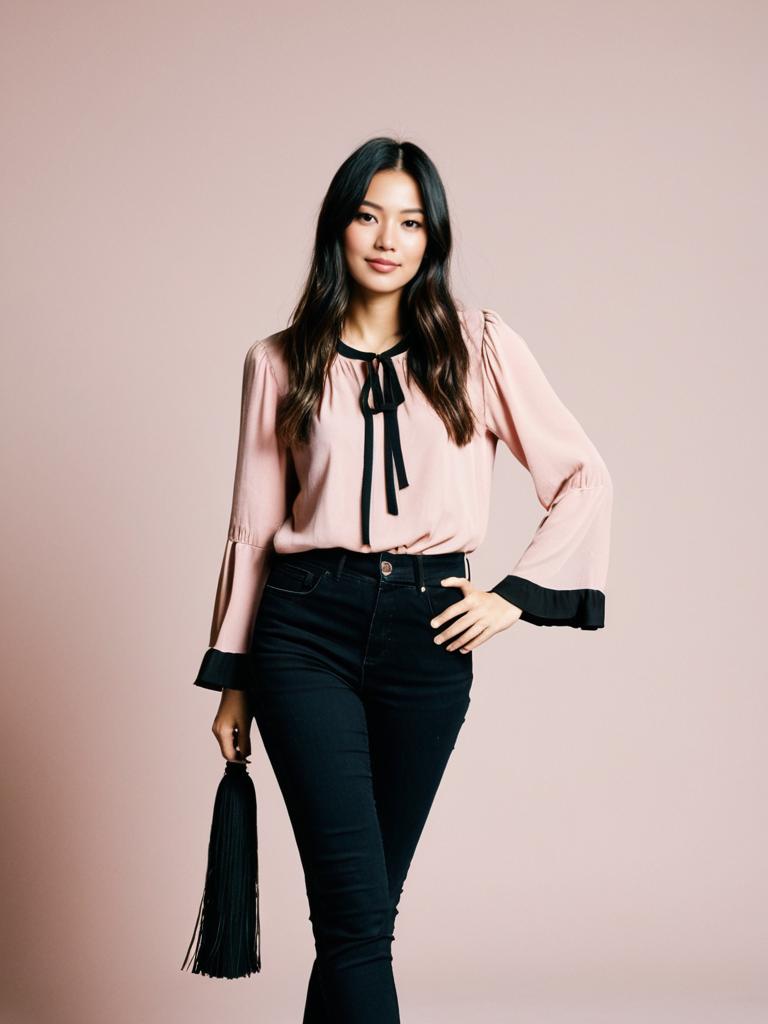 Woman in Contemporary Casual Blush Pink Blouse with Round Neckline and Black High-Waisted Pants