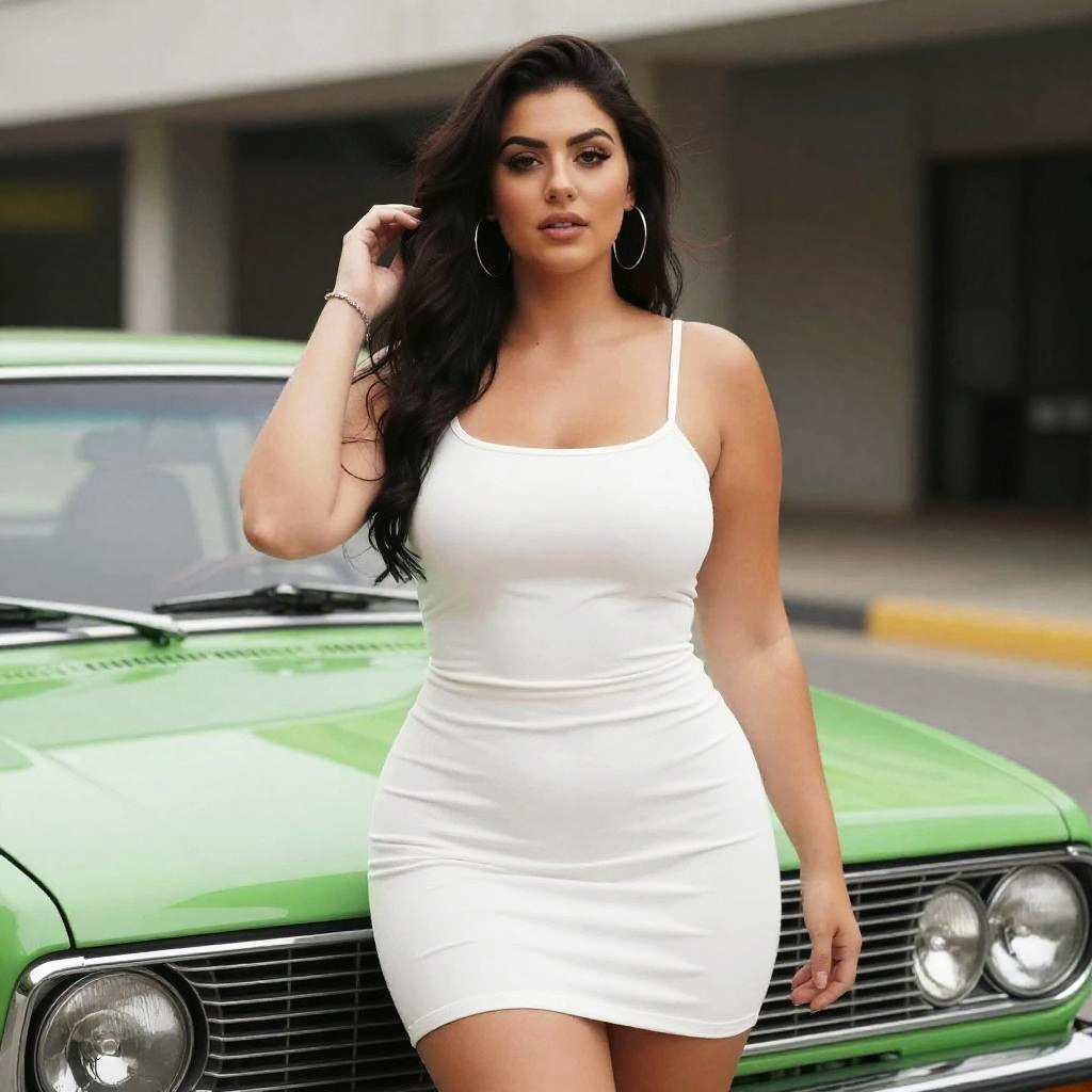 Woman in White Dress by Green Vintage Car Urban Fashion Portrait