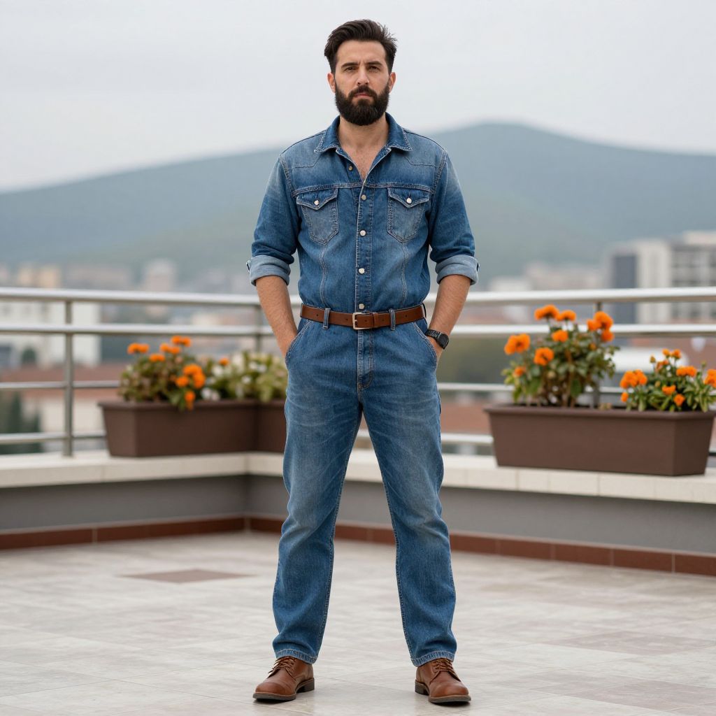 Man in Denim Outfit on Rooftop with Cityscape Background