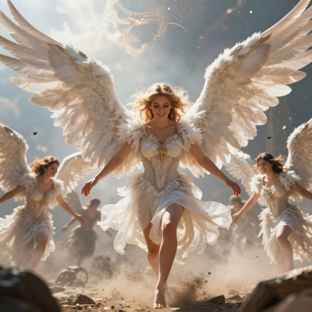 Fantasy Women Angels with White Feathered Wings Running