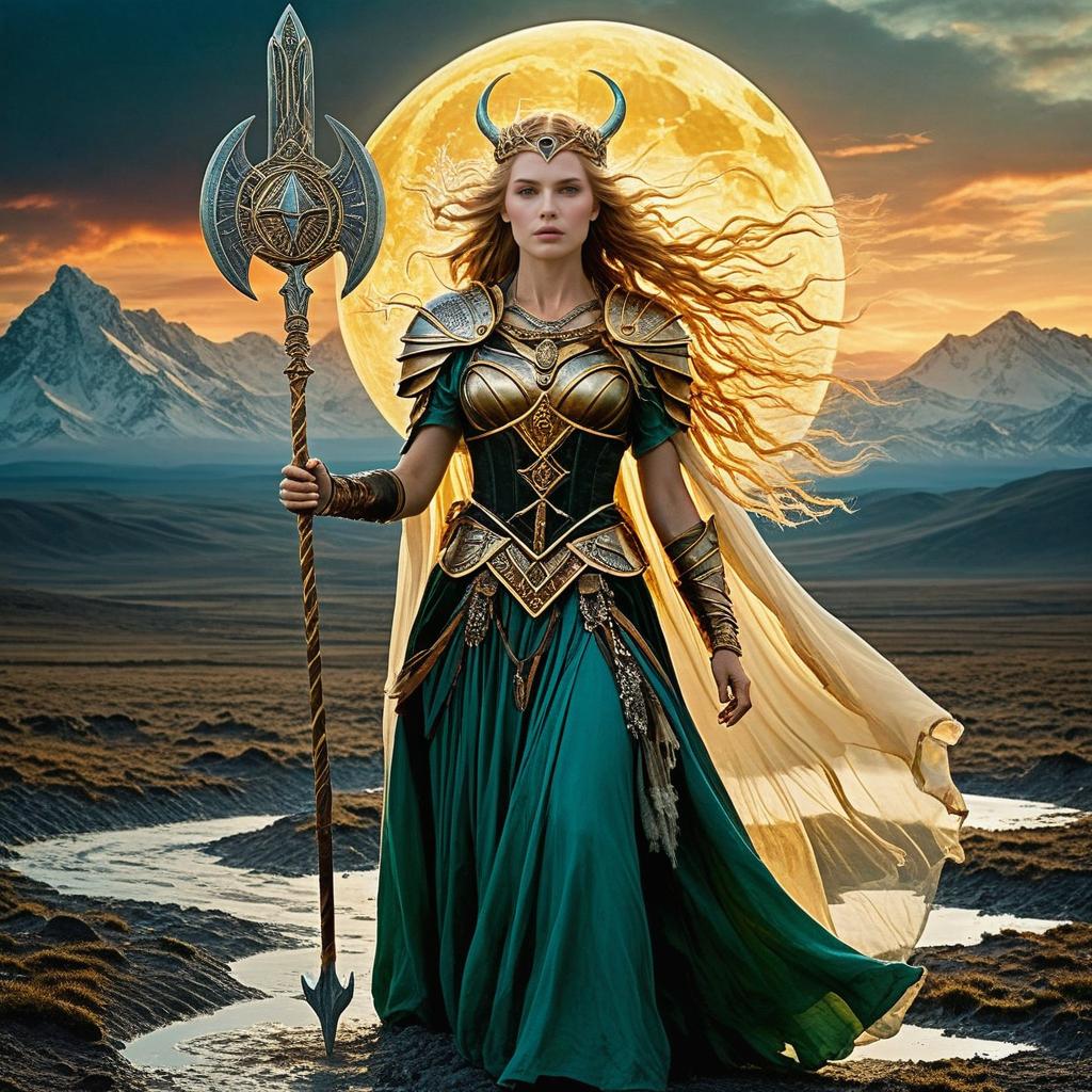 Epic Fantasy Woman in Armor Against Moonlit Mountains