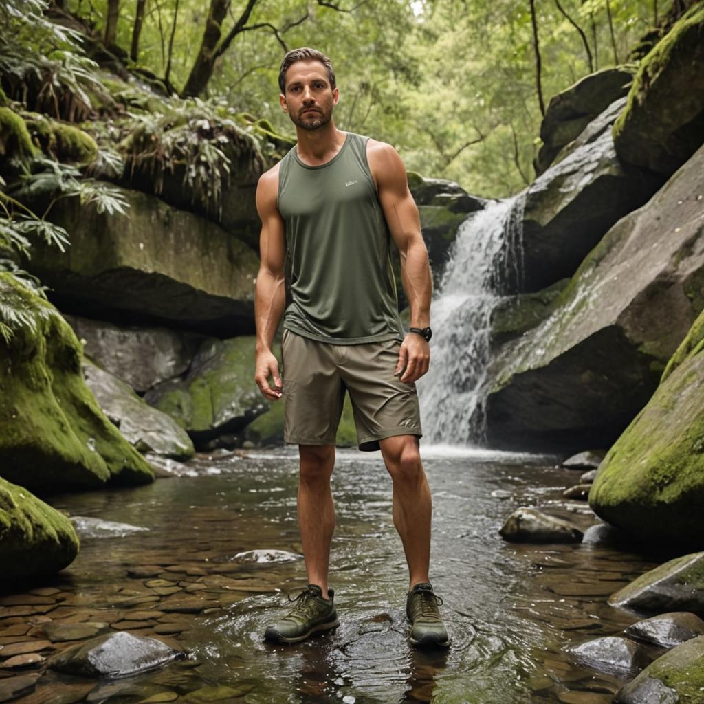 Confident Man in Serene Forest Stream