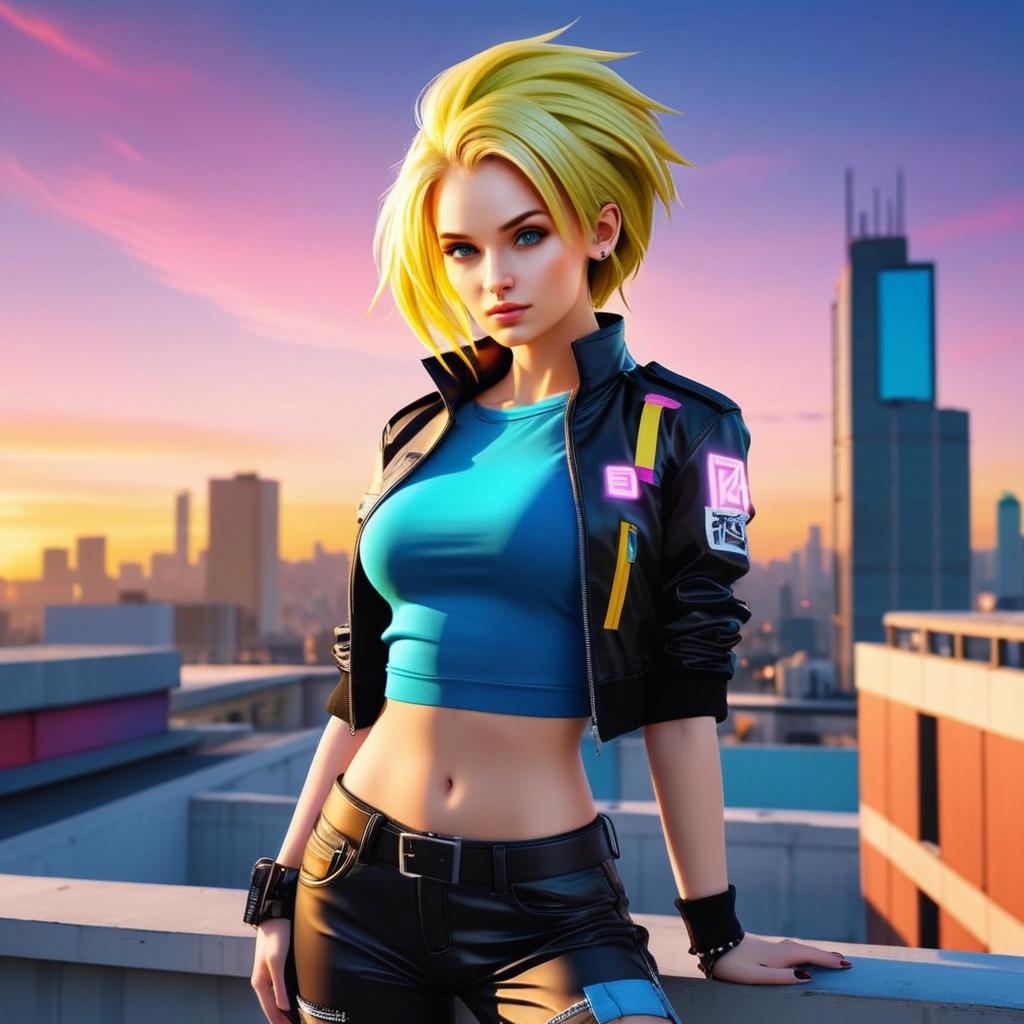 Cyberpunk Style Young Woman on Urban Rooftop Sunset