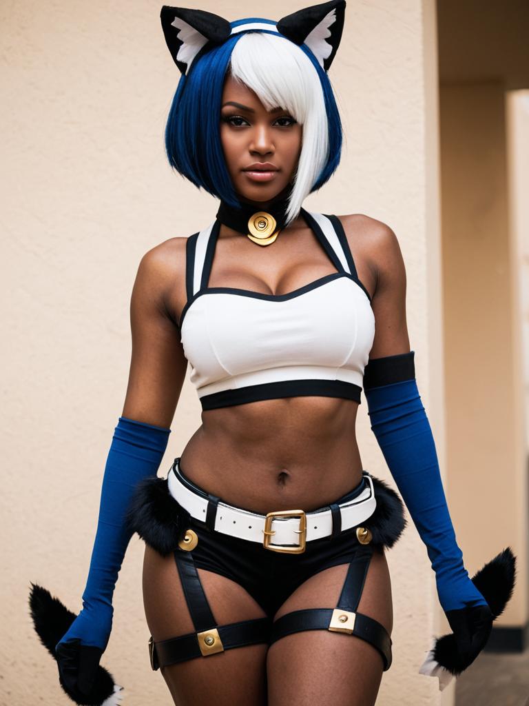 Ms Fortune Skullgirls Cosplay Woman in Blue and White Cat Ears Costume